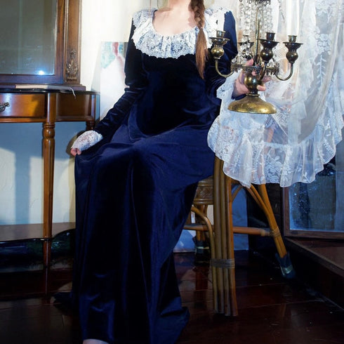 Gothiv Navy Victorian style Dress with Lace Ruffled Collar and Long Sleeves – Gothic Victorian Dress - Velvet Dress Plus Size